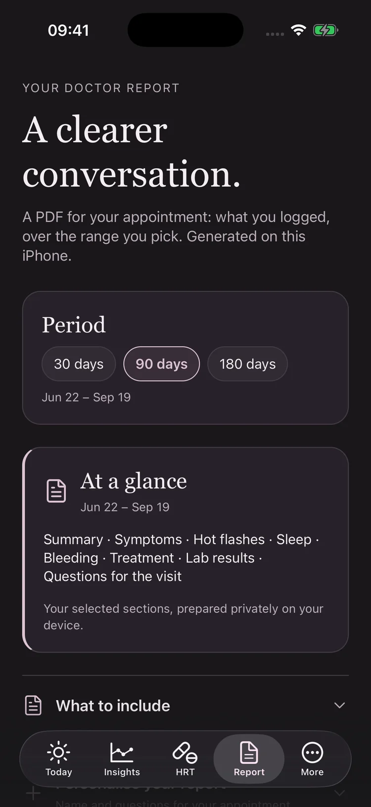 Calla’s report builder in dark mode, with a date range, report summary and optional sections.