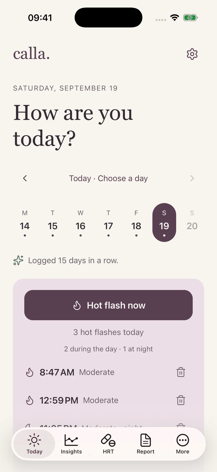 Calla’s Today screen in light mode, with a weekly date selector and a quick hot flash button.