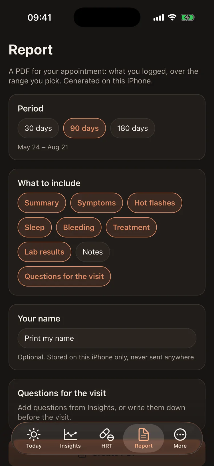 The report builder: a date range, the sections to include, and a field for questions to ask at the visit.