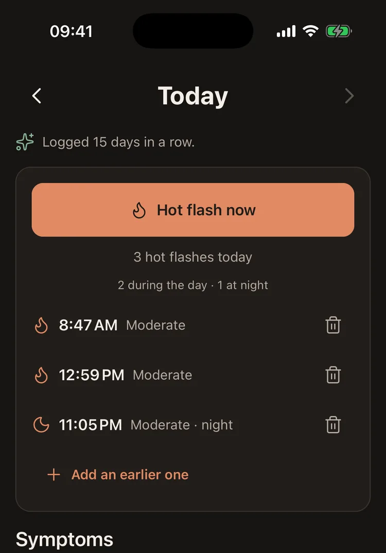 The Today screen: a hot flash button, three logged episodes with times, and symptom rows rated none to severe.